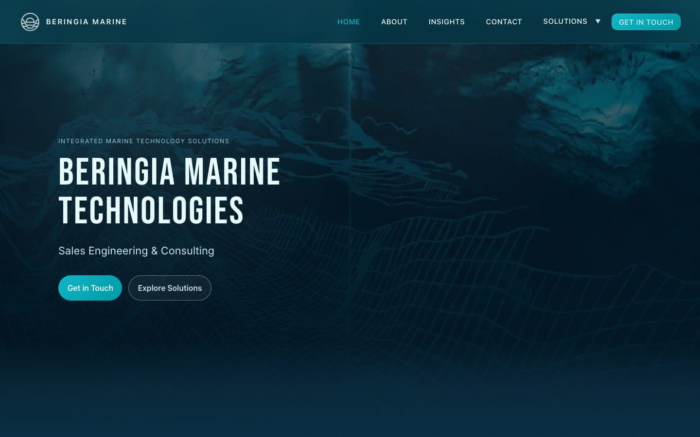 The Beringia Marine home page: the company name over a seafloor map, with the line “Sales Engineering & Consulting”.