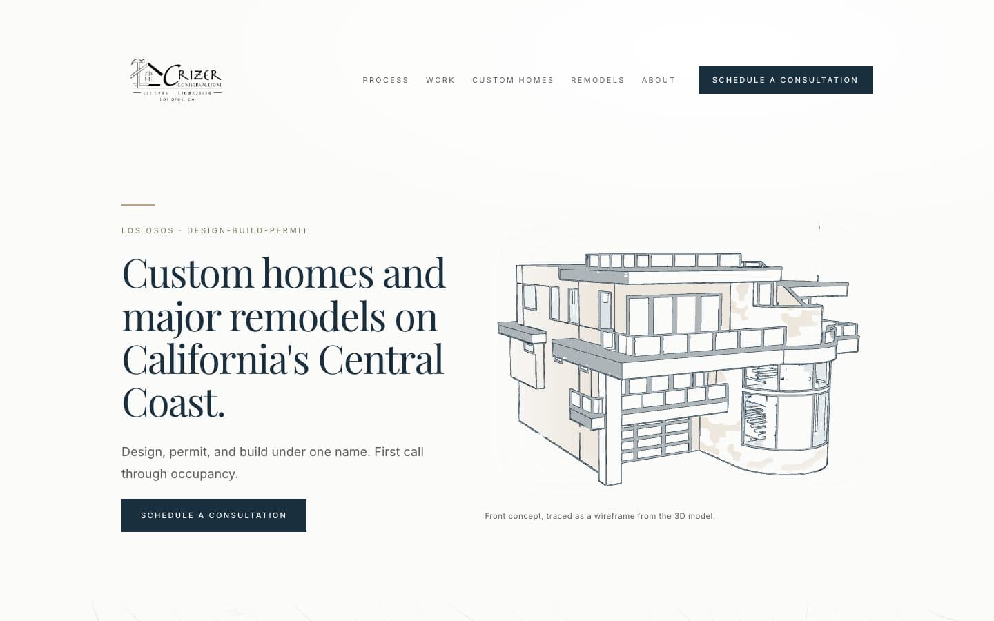 The Crizer Construction home page: the headline “Custom homes and major remodels on California’s Central Coast” beside a line drawing of a house.