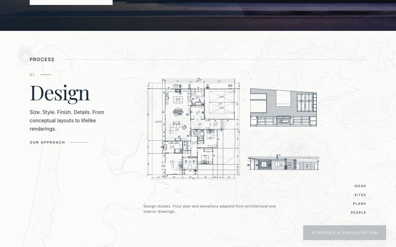 Crizer’s construction-process section with coastal contour linework behind the content.