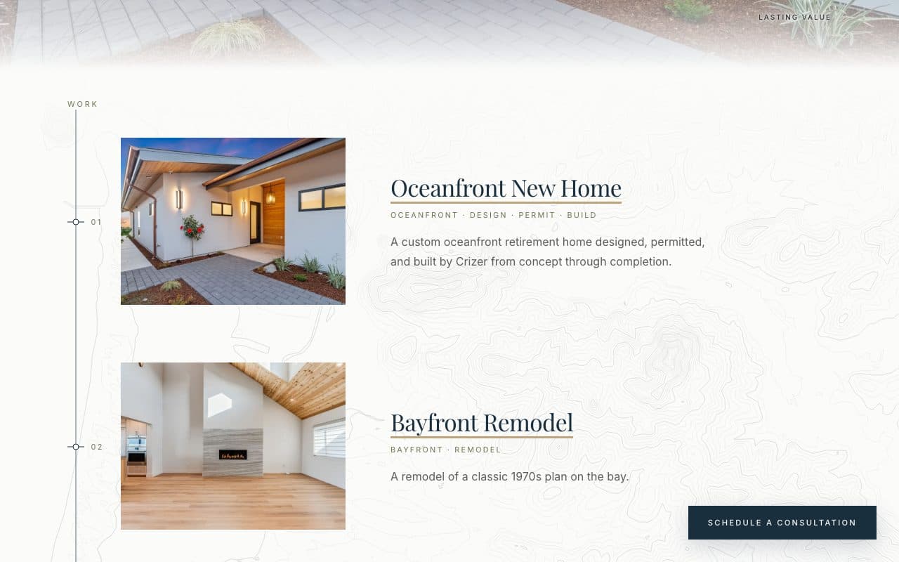 A later section of Crizer’s homepage using topographical linework.